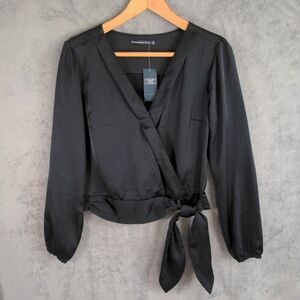 New Abercrombie & Fitch Faux Wrap Blouse Tie Black Satin Long Sleeve Crop Sz S